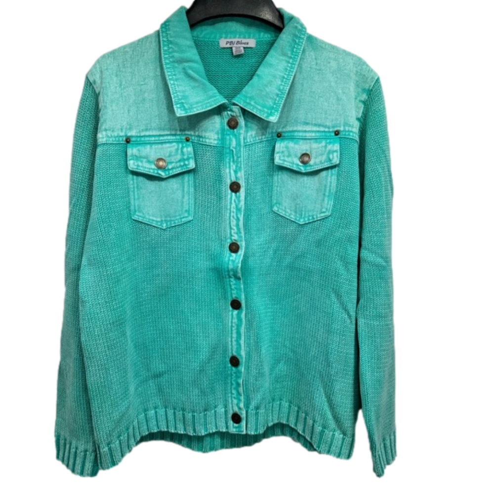 PBJ Blues Denim Trim Sweater Jacket Acid Washed Jade Green Size Extra Large NEW